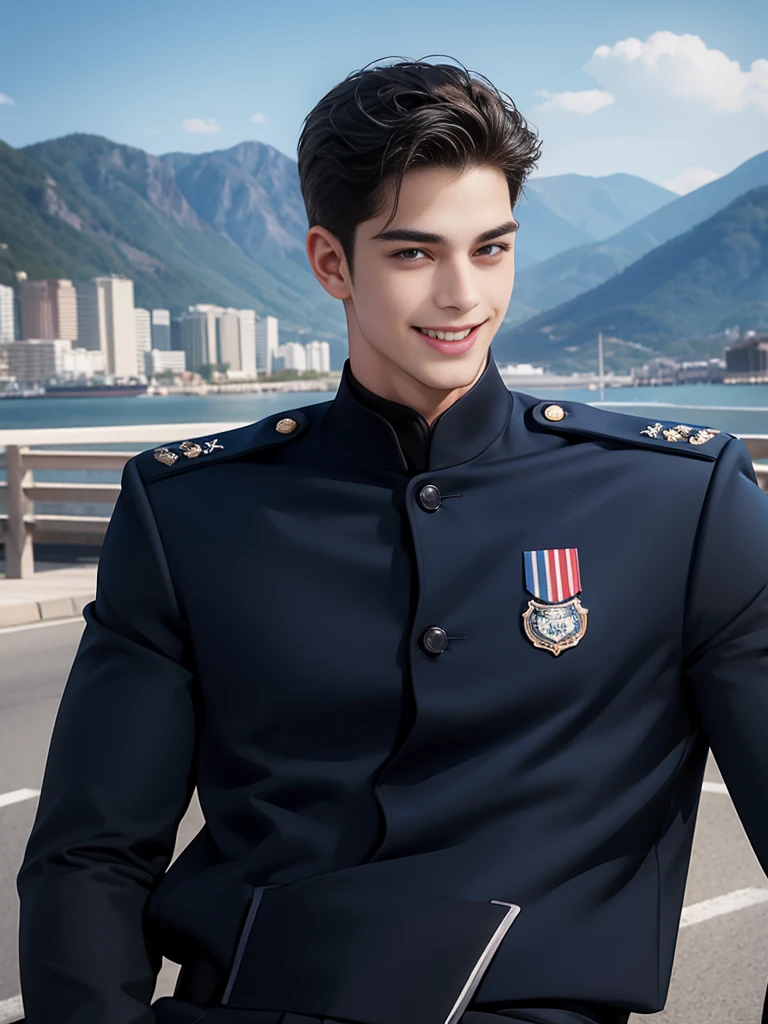 Handsome young man smiling,no beard,Approximately 26 years old,A deep and charming face,Navy Police Uniform,black pants,High quality,Details of the road backdrop