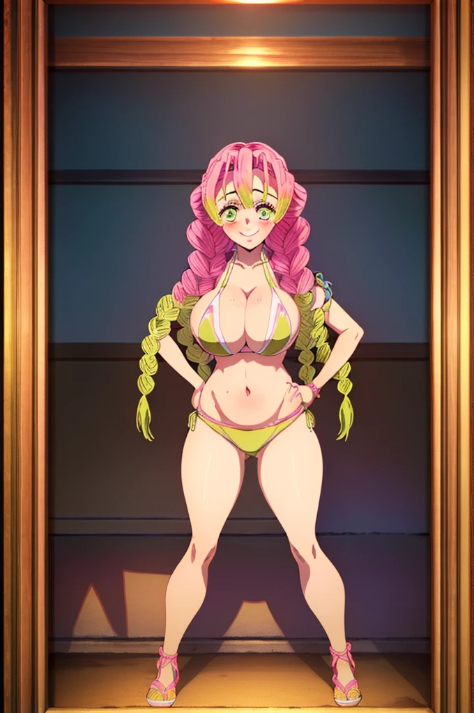 (masterpiece, best quality), intricate details,
MitsuriKanroji, kanroji mitsuri, 1girl, solo, long hair, winking, green eyes, pink hair, green hair, twin braids, smile, cute smile, blushed smile, blush, blushing, large breast, huge breasts, bikini top, collarbone, neck, bare shoulders, yellow bikini top, cleavage, full body, long legs, cameltoe, cowboy shot, plain background, white background, photoshoot, perfect shot, perfect framing, full body shot, hands on hips, standing