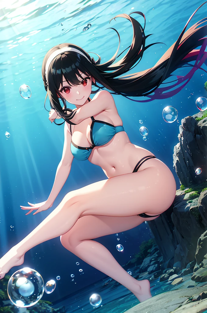 ((best quality)), (ultra-detailed), ((extremely detailed)), (beautiful), ((kawaii girl)), (black:1.3) hair, red (colored inner hair:1.2), long hair, straight hair, swept bangs, asymmetrical bangs, hair intakes, ahoge, kind smile, red eyes, medium large breasts, BREAK, 比基尼, beautiful scenery, underwater, water drop, dynamic lighting, light particle, sunlight, shadow, [Colorful young fishes], (air bubble:1.2), reflection, extremely detailed CG unity 8k wallpaper,White hair band、Red eyes、Black Hair、Yor Briar、smile、Bubble、Floating、Float your legs、流れるBubble、dive、In the sea、One girl、In the water、In the waterにdive、Swimwear、 the waterで泳ぐ様子
