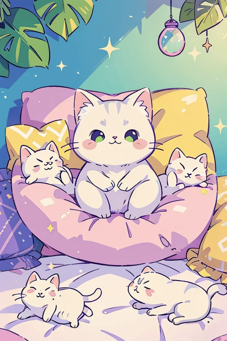 White cat, One, pastel colour, (purple, green, pink, yellow), cushion、 dream-like, Stickers, bubble, Sparkling, shine、No humans