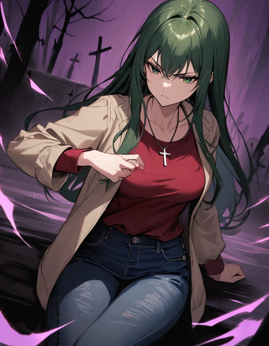 (masterpiece)、(absurdres)、(ultra detailed)、long shot,(shiny dark green hair)、(solo girl)、(dark green eyes)、 breast:0.8,(straight long hair)、BREAK,(casual beige jacket)、(red Tshirt)、(denim JEANS)、Cross Necklace:0.9、BREAK,Holding a handgun in your hand:1.2,Defensive Pose、angry,serious,half-closed eyes,dynamic angle,closed mouth,cowboy shot,side view:1.2,looking away:1.3,Bend one knee、Sit on the ground、A dark graveyard at night filled with monsters and demons:1.1、darkness,no lighting,purple fog:1.05、