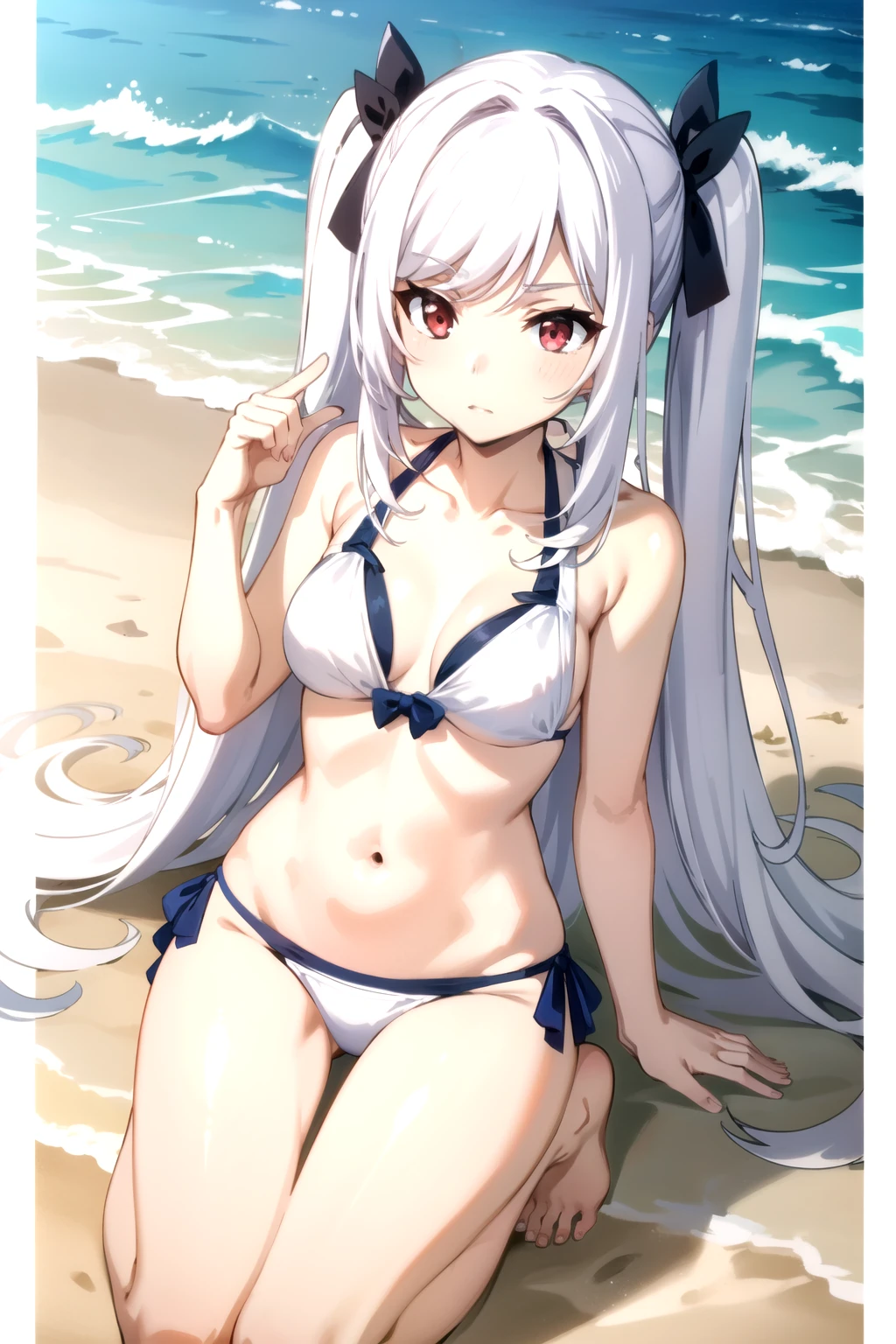 (alexia midgar), (faithfully), One gir, red eyes, long hair, very long hair, Silver hair,hair ribbon, sidelocks, (medium breastst), (white low rise bikini: 1.3), all fours, Beach,