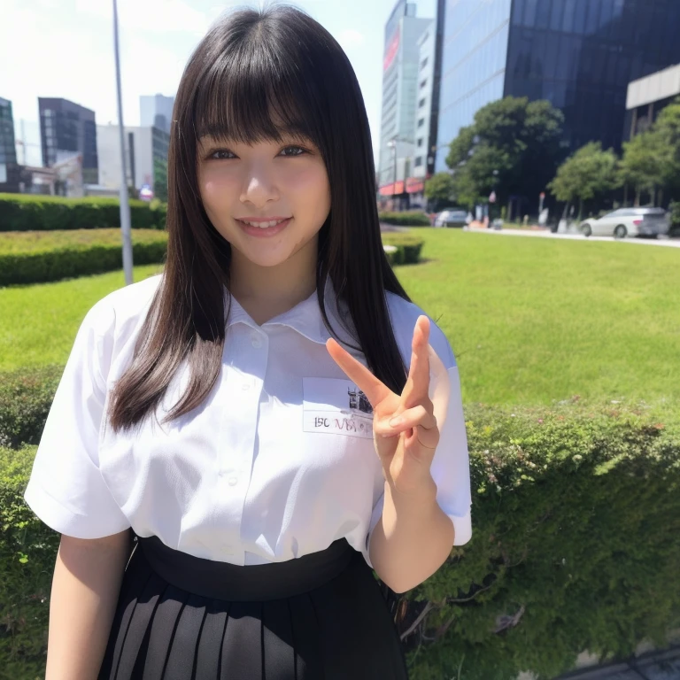 In detail, High resolution, high quality、Perfect dynamic composition, Beautiful attention to detail, Medium Hair, 、Natural color lip,Kamimei、Shibuya Ward、company employee、1 person、Clear Skin、Shiny Hair、Tabletop, 最high quality, figure, Ultra-detailed details, High resolution, 8K,T-Shirts(white)And a long skirt(black),Anatomically correct,cute,Perfect and beautiful hands,smile