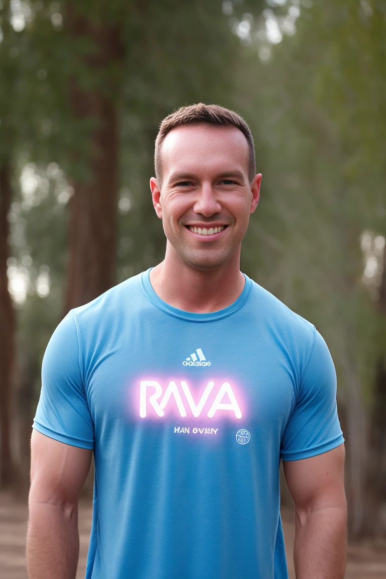 a man (Todder9) wearing colorful rave clothes (logo shirt), short hair, detailed skin, fill lighting, street photography, rave party neon lights spotlight, at festival rave 