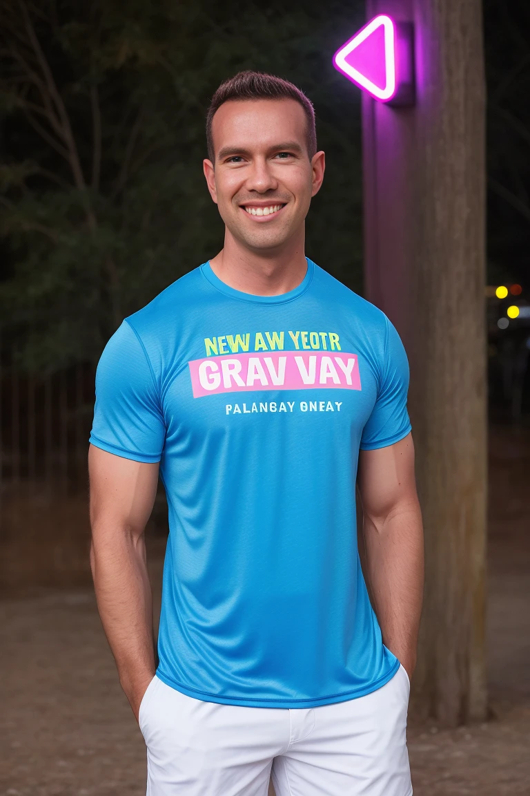 a man (Todder9) wearing colorful rave clothes (logo shirt), short hair, detailed skin, fill lighting, street photography, rave party neon lights spotlight, at festival rave