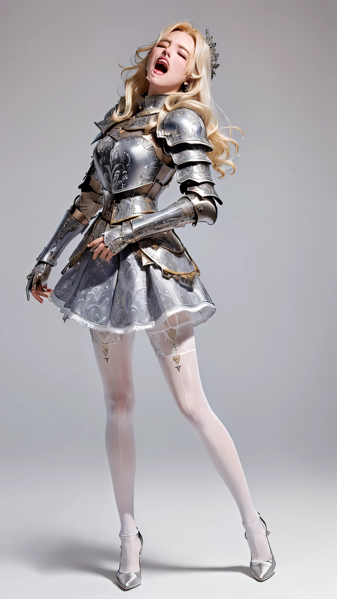 masterpiece, best quality photo, most detailed, a beautiful 25 years old bloody princess knight is screaming, (fancy engraved medieval metal armor on top:1.3), (waving fancy flare skirt with silk:1.2), (white pantyhose on bottom:1.3), high-heel:1.2, light gray metal armor, (detailed facial expression:1.2), extremely detailed face, extremely beautiful, grimace, screaming, strongly closed eyes, wide open lips:1.3, rich blonde hair:1.1, (painful screaming facial expression:1.2),