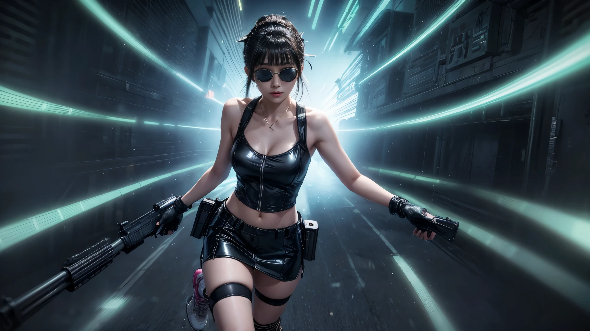 8k, Realistic Skin Texture, Realistic Photo, Neo Tokyo, slim Japanese women, large-breast:1.3 cleavage:1.2, AD2050 at night, Dirty hunting jacket, Wearing tube top, miniskirt, (((black sunglasses, automatic rifle, sneakers, cold, shooting pose, low angle view))), Innovative composition, revenge, cyberpunk, blade runner worldview, Large neon sign, Geisha hologram sign, Strong Wakamoto Sign.