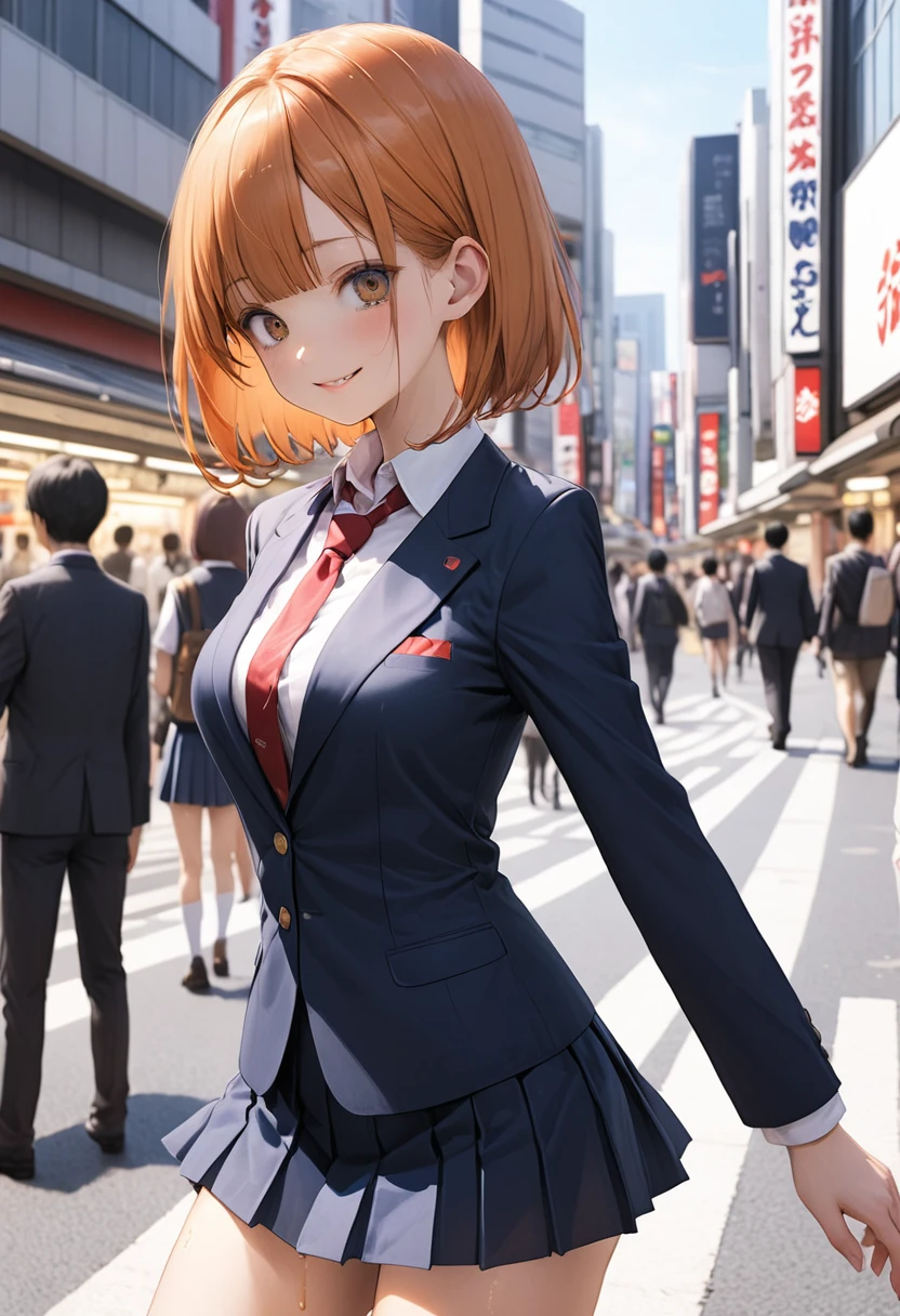 ((masterpiece,Highest quality:1.3,best quality illustration)),cowboy shot,1woman,16-year-old Japan beauty,((very small head:1.4)),short bob hair,bangs,(orange hair),brown eyes,gorgeous eyes,blush,smile,medium breasts,((very long body)),(School uniform,Navy blue blazer、Red tie、White Shirt、Navy blue pleated mini skirt),(toned body,slender body,skinny),gleaming skin,shiny skin,oily skin,standing,Shibuya Station、Tokyo