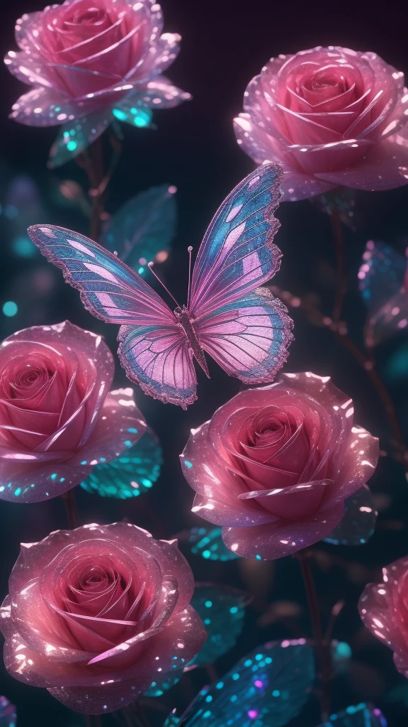 crystal fantasy, roses, fulcolor,  Toe Up, neons, Countless crystal wings flutter in the air,
Fantasy, Galaxy, Transparent, Shallow depth of field, Jade Bokeh, glinting, glinting, Stunning, colourfull,
magical photography, Dramatic Lighting, photorealisim, Ultra Detail, 4K, degrees of freedom, High resolution