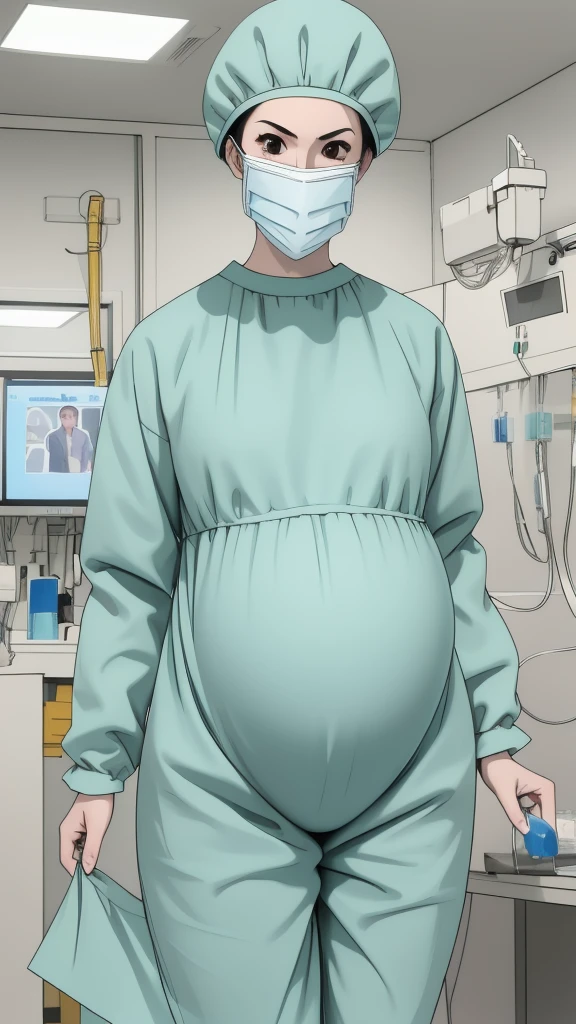 masterpiece, highest quality, (RAW photo, best quality), 1girl, frown, pale skin, shy eyes, big breasts, pregnant, stand, natural lighting, solo, hospital, in the operating room, surgical bet,
ray kasugano, pregnant with big belly, (give a score of 9_give a score of 8_give a score of 7) long sleeve surgical gown, surgical cap, cover ears, surgical mask, long surgical gloves, 