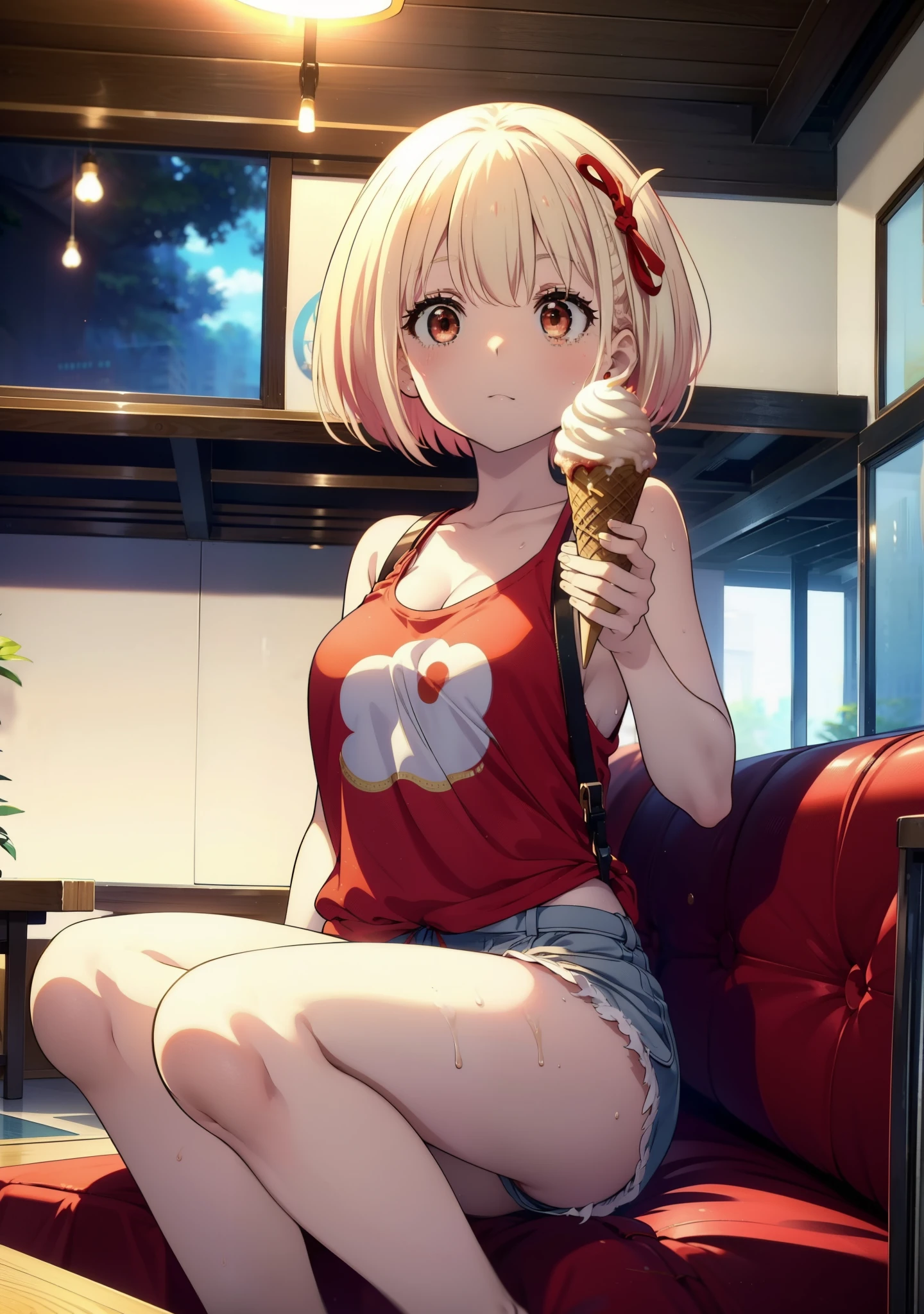  Chisato Nishikigi, short hair, bangs, Blonde, (Red eyes:1.5), Bobcut,smile,Open your mouth,Sweat,Red Tank Top,Shorts,barefoot,barefoot,Sitting on the sofa,Holding an ice cream in one hand,Eating ice cream,Daytime,True Summer,whole bodyがイラストに入るように,
break outdoors,room,
break looking at viewer, whole body,
break (masterpiece:1.2), Highest quality, High resolution, unity 8k wallpaper, (figure:0.8), (Beautiful attention to detail:1.6), Highly detailed face, Perfect lighting, Highly detailed CG, (Perfect hands, Perfect Anatomy),