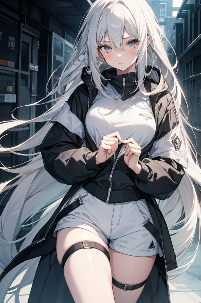 1girl, {Solitary}, Upper Body ,{{ {Watching at viewer}}}, Arms at your sides, Concept Art, white Background, simple Background, White hair, Silver gradient hair , Composite cloth, Asymmetrical clothes, Virtual YouTuber, best quality, masterpiece, Dynamic Angle, guilty gear, guilty gear, guilty gear, cowboy_shooting, Watching_Back, grab, girl,Miss,woman, young,20 years old, Very long hair, Hair Flip, Silver Hair, Flowing hair, Ahog, giggle, Beautiful and delicate golden eyes, teeth, Moderate_breast, Blonde eyes, White skin, hoodie, Black_shorts, Gray clothes, transparent_Background, Backlighting, absurd, high resolution, Extremely detailed,sweater,No pants