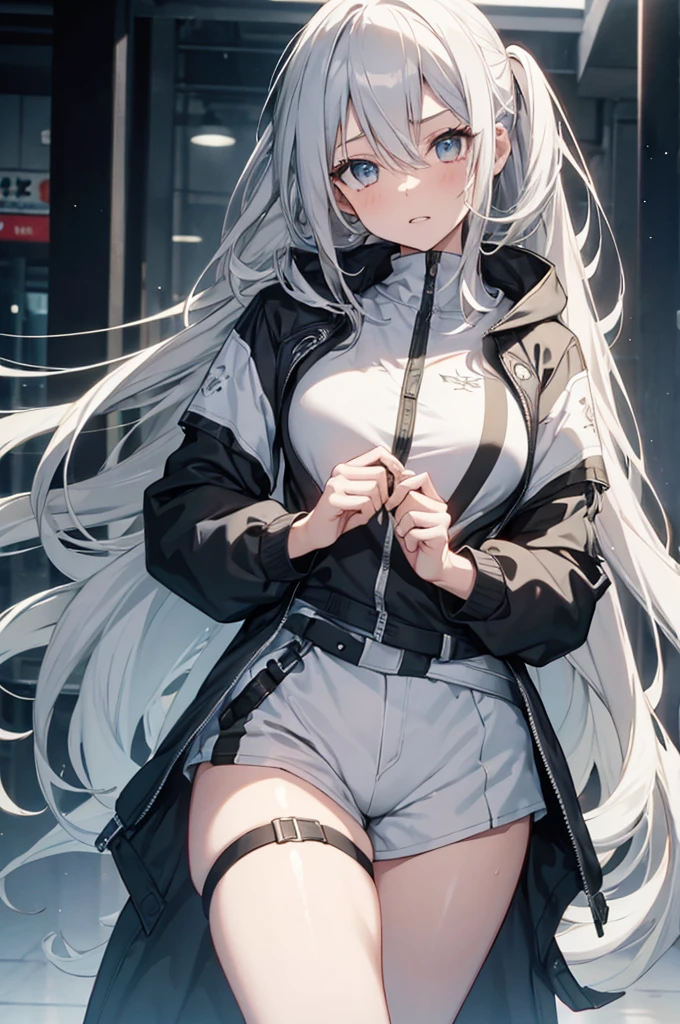 1girl, {Solitary}, Upper Body ,{{ {Watching at viewer}}}, Arms at your sides, Concept Art, white Background, simple Background, White hair, Silver gradient hair , Composite cloth, Asymmetrical clothes, Virtual YouTuber, best quality, masterpiece, Dynamic Angle, guilty gear, guilty gear, guilty gear, cowboy_shooting, Watching_Back, grab, girl,Miss,woman, young,20 years old, Very long hair, Hair Flip, Silver Hair, Flowing hair, Ahog, giggle, Beautiful and delicate golden eyes, teeth, Moderate_breast, Blonde eyes, White skin, hoodie, Black_shorts, Gray clothes, transparent_Background, Backlighting, absurd, high resolution, Extremely detailed,sweater,No pants