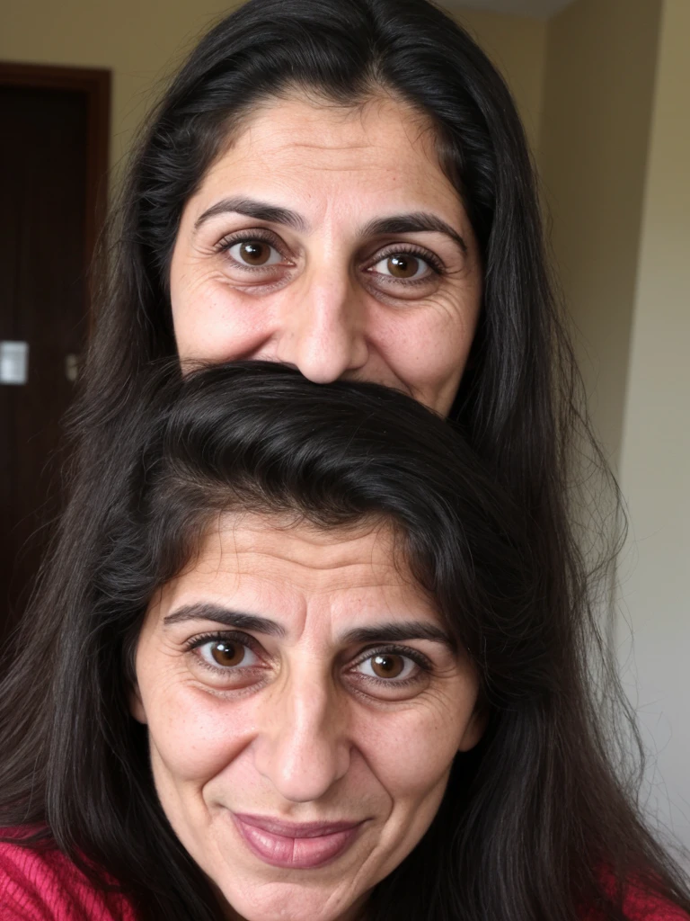 her name is Fatima, a middle-aged Syrian woman, (((snub nose))), (30 years old), (wrinkles), (ugly_face:1.3), 1girl, solo, (black long hair), smile