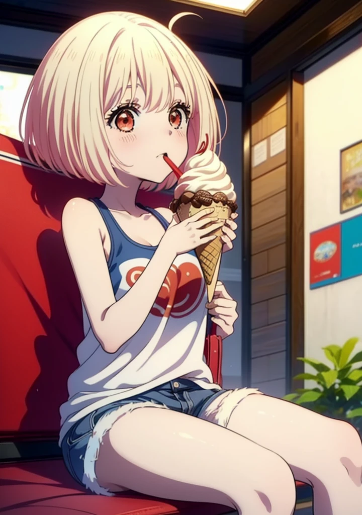  Chisato Nishikigi, short hair, bangs, Blonde, (Red eyes:1.5), Bobcut,smile,Open your mouth,Sweat,Red Tank Top,Shorts,barefoot,barefoot,Sitting on the sofa,Holding an ice cream in one hand,Eating ice cream,Daytime,True Summer,whole bodyがイラストに入るように,
break outdoors,room,
break looking at viewer, whole body,
break (masterpiece:1.2), Highest quality, High resolution, unity 8k wallpaper, (figure:0.8), (Beautiful attention to detail:1.6), Highly detailed face, Perfect lighting, Highly detailed CG, (Perfect hands, Perfect Anatomy),