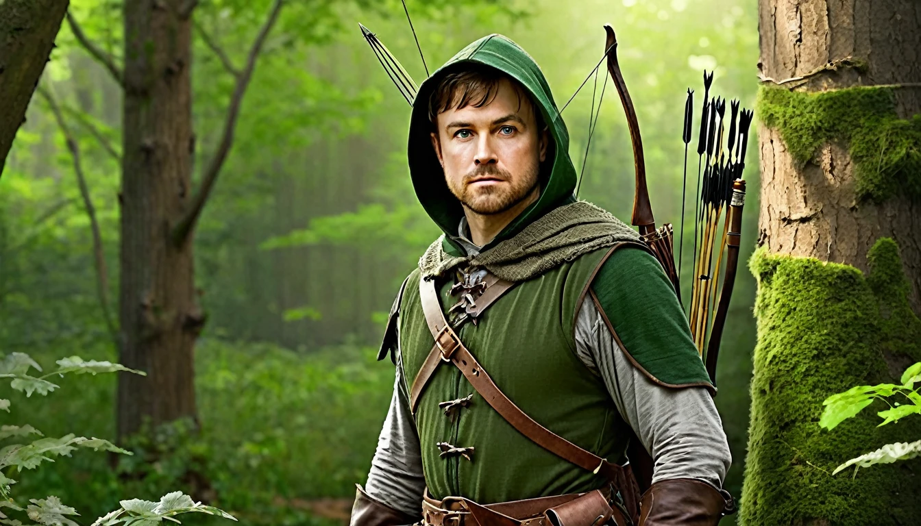 Robin Hood
"Generate a hyperrealistic, high-definition image of Robin Hood in Sherwood Forest. Robin should be dressed in traditional medieval outlaw attire, with a hood and quiver of arrows. He should be drawing his bow, ready to shoot, with detailed foliage and trees in the background. Use natural, soft lighting to create a realistic forest atmosphere."