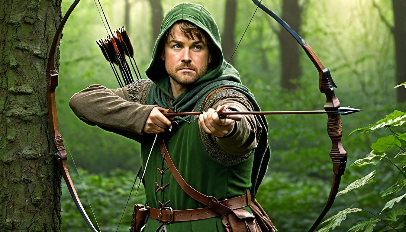 Robin Hood
"Generate a hyperrealistic, high-definition image of Robin Hood in Sherwood Forest. Robin should be dressed in traditional medieval outlaw attire, with a hood and quiver of arrows. He should be drawing his bow, ready to shoot, with detailed foliage and trees in the background. Use natural, soft lighting to create a realistic forest atmosphere."