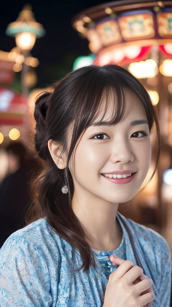 (Surreal), (High resolution), (8K), (Very detailed), (Beautiful and fine details), (Highest quality), (Ultra-detailed), (masterpiece), (Detailed face), Amusement park background、Yui Arakaki's face、huge 、Japanese: Tie your hair up、Laughter、
