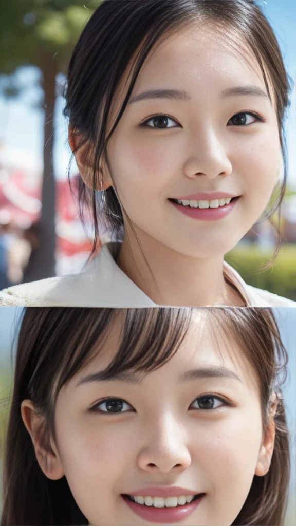 (Surreal), (High resolution), (8K), (Very detailed), (Beautiful and fine details), (Highest quality), (Ultra-detailed), (masterpiece), (Detailed face), Amusement park background、Yui Arakaki's face、huge 、Japanese: Tie your hair up、Laughter、