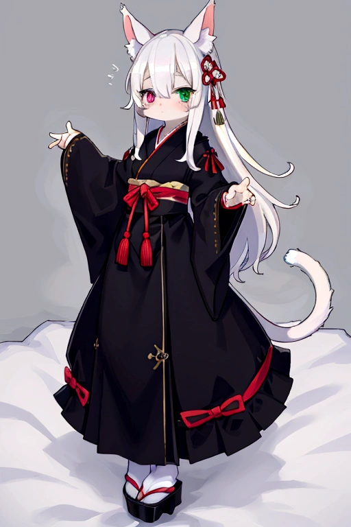 FULL BODY. Japanese young woman, cat girl, white tail and ears, pale rosy skin, SKINNY, slanted eyes, long hair, EXTRA LONG HAIR, soft hair, WHITE HAIR, thin oval face, LEFT EYE GREEN, RIGHT EYE VIOLET, HETEROCHROMIA, EYEBAGS, DARK CIRCLES UNDER THE EYES, EXHAUSTED, soft features, relaxed expression, wearing a simple white dress, dynamic poses, posing on bed, COCK GIRL, dick, blushing