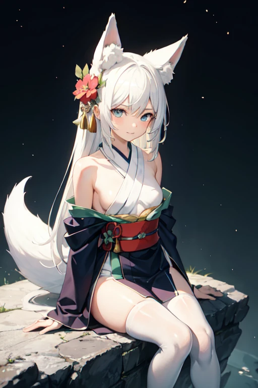 ((best quality)), ((masterpiece)), (detailed), Anime 18-year-old woman with white hair and blue eyes sitting sideways on a textureless square stone on the mountain at night, slight smile,Fox tail,Fox ears,neat long hair ,headgear, Waist ornaments,Anime style 4k, Simple green kimono,Kimono with mid-upper thigh slit,Kimono covers(Upper thigh,entire upper body),White opaque(Over-the-knee stockings), Best anime 4K wallpapers, Anime Art Wallpaper ,Small Breasts,Unobvious muscle lines,serious posture,natural posture,Full body high angle of view,Background Universe,sitting