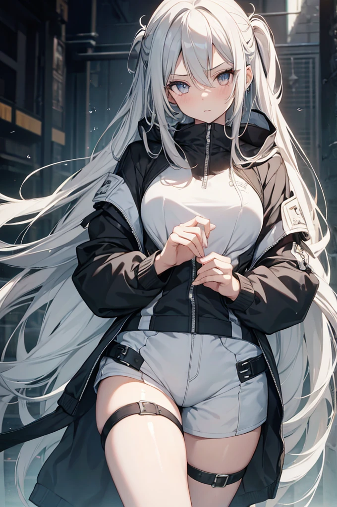1girl, {Solitary}, Upper Body ,{{ {Watching at viewer}}}, Arms at your sides, Concept Art, white Background, simple Background, White hair, Silver gradient hair , Composite cloth, Asymmetrical clothes, Virtual YouTuber, best quality, masterpiece, Dynamic Angle, guilty gear, guilty gear, guilty gear, cowboy_shooting, Watching_Back, grab, girl,Miss,woman, young,20 years old, Very long hair, Hair Flip, Silver Hair, Flowing hair, Ahog, giggle, Beautiful and delicate golden eyes, teeth, Moderate_breast, Blonde eyes, White skin, hoodie, Black_shorts, Gray clothes, transparent_Background, Backlighting, absurd, high resolution, Extremely detailed,sweater,No pants