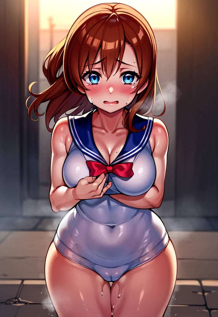 Kousaka honoka, blue eyes, sailor moon lingerie, red face,blunt hair,curvy body, standing, cowboy shot , tokyo street, japan, cleavage, ahoge, Blushing, sailor moon pose、 Face full of scars、Skin shiny with sweat、 injured scared girl、 crying wet bursting out eyes, real tears streaming down face, ultra-detailed eyes,bandaid on face,covered with mud,expression of despair,Illumination that emphasizes shiny sweat{{{Spread }}},(crotch rope walking:1.0)、 Face full of scars、Skin shiny with sweat、 injured scared girl、 crying wet bursting out eyes, real tears streaming down face, ultra-detailed eyes,bandaid on face,covered with mud,expression of despair,Illumination that emphasizes shiny sweat{{{Spread }}},(crotch rope walking:1.0)
