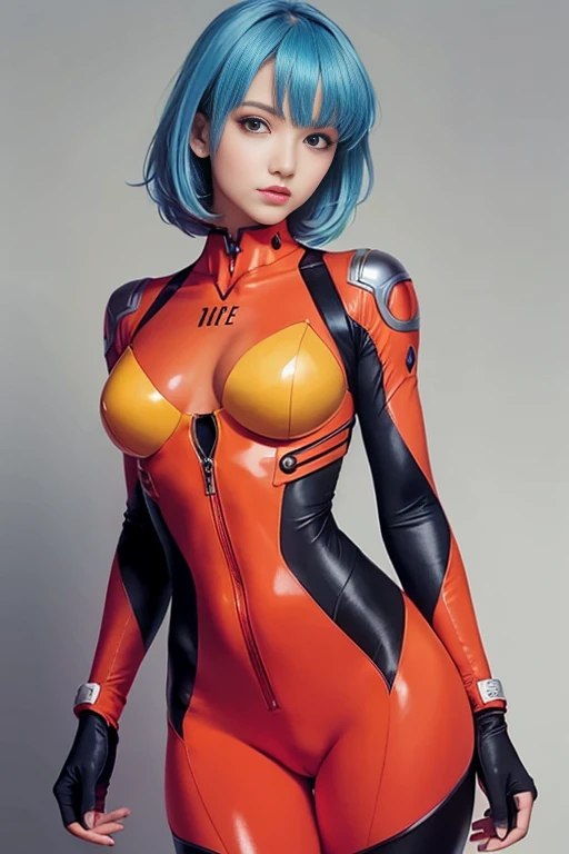 Stunning proportions, Evangelion Suit, Skin Fit Blue Bodysuit, blue hair, bobhair, shiny skin, blue eyes, colorful
