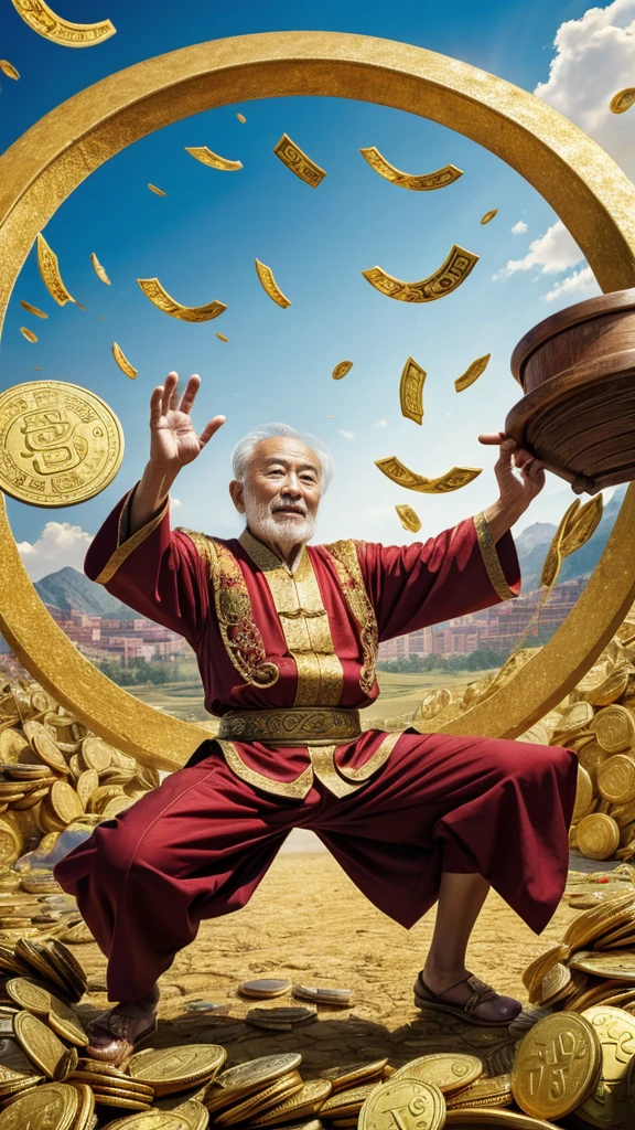 Zhao Gongming, the God of Wealth，80-year-old kind old man，，Realistic，Surrounded by money，Falling into the cornucopia，Gold coins flying all over the sky，