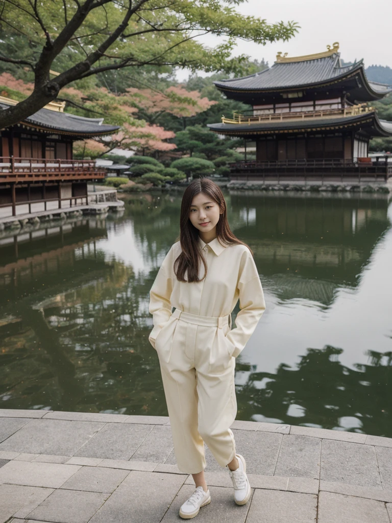 her name is Asako, high quality, 1girl, ((20-year-old fit Caucasian woman)), ((20 years old)), ((slim)), ((Hime Cut)), pose: standing, wearing stylish fashionable Generation-Z modern wear dark colored, BACKGROUND: In the Kinkaku-ji (Golden Pavilion) gardens, with the shimmering gold temple reflected in the tranquil pond