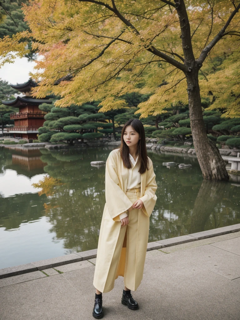 her name is Asako, high quality, 1girl, ((20-year-old fit Caucasian woman)), ((20 years old)), ((slim)), ((Hime Cut)), pose: standing, wearing stylish fashionable Generation-Z modern wear dark colored, BACKGROUND: In the Kinkaku-ji (Golden Pavilion) gardens, with the shimmering gold temple reflected in the tranquil pond