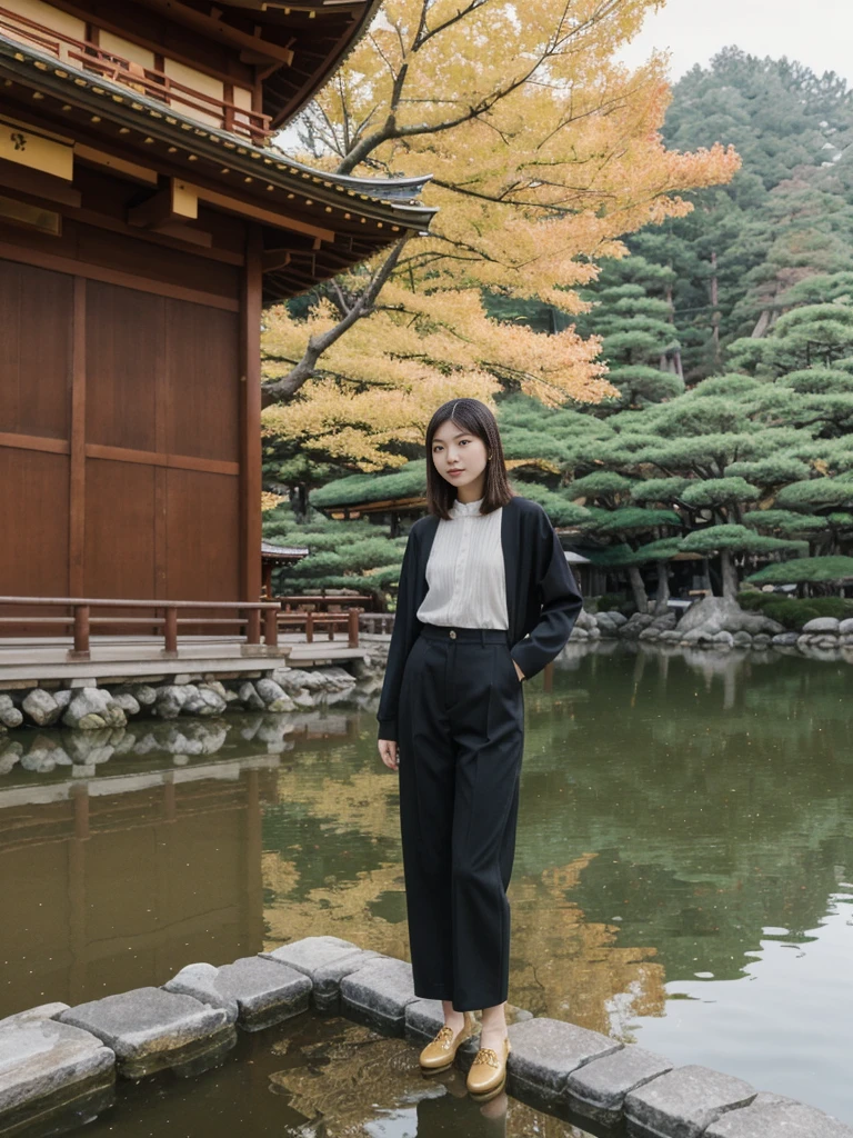 her name is Asako, high quality, 1girl, ((20-year-old fit Caucasian woman)), ((20 years old)), ((slim)), ((Hime Cut)), pose: standing, wearing stylish fashionable Generation-Z modern wear dark colored, BACKGROUND: In the Kinkaku-ji (Golden Pavilion) gardens, with the shimmering gold temple reflected in the tranquil pond