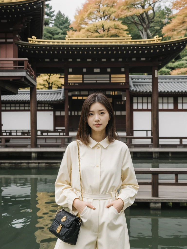 her name is Asako, high quality, 1girl, ((20-year-old fit Caucasian woman)), ((20 years old)), ((slim)), ((Hime Cut)), pose: standing, wearing stylish fashionable Generation-Z modern wear dark colored, BACKGROUND: In the Kinkaku-ji (Golden Pavilion) gardens, with the shimmering gold temple reflected in the tranquil pond