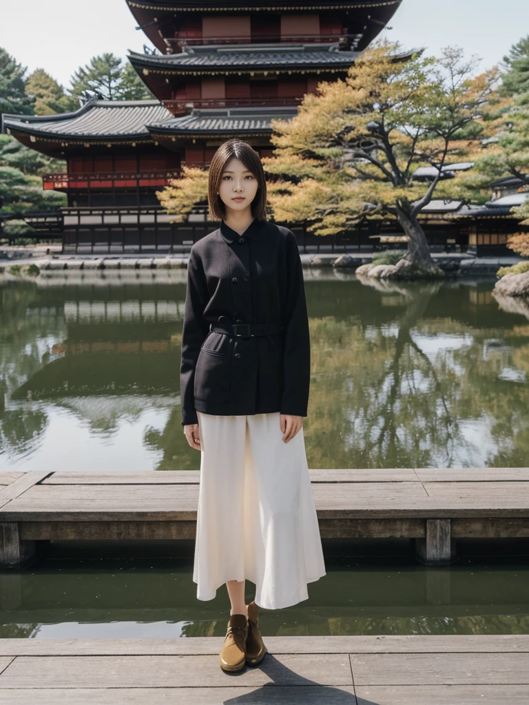 her name is Asako, high quality, 1girl, ((20-year-old fit Caucasian woman)), ((20 years old)), ((slim)), ((Hime Cut)), pose: standing, wearing stylish fashionable Generation-Z modern wear dark colored, BACKGROUND: In the Kinkaku-ji (Golden Pavilion) gardens, with the shimmering gold temple reflected in the tranquil pond