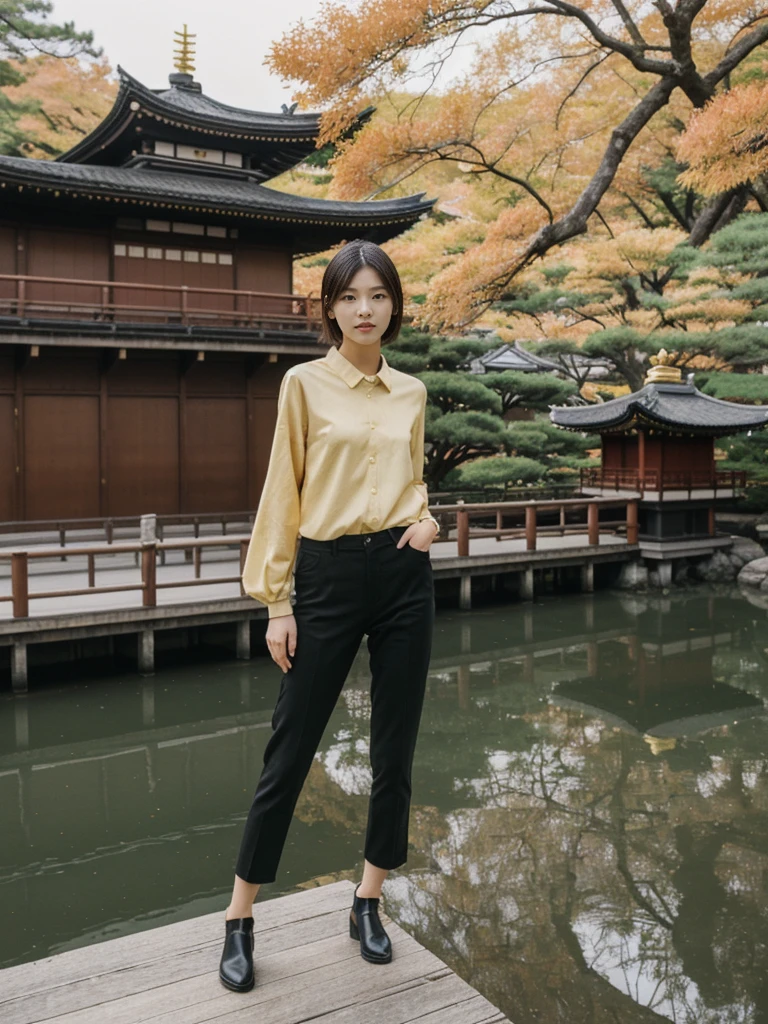 her name is Asako, high quality, 1girl, ((20-year-old fit Caucasian woman)), ((20 years old)), ((slim)), ((Hime Cut)), pose: standing, wearing stylish fashionable Generation-Z modern wear dark colored, BACKGROUND: In the Kinkaku-ji (Golden Pavilion) gardens, with the shimmering gold temple reflected in the tranquil pond