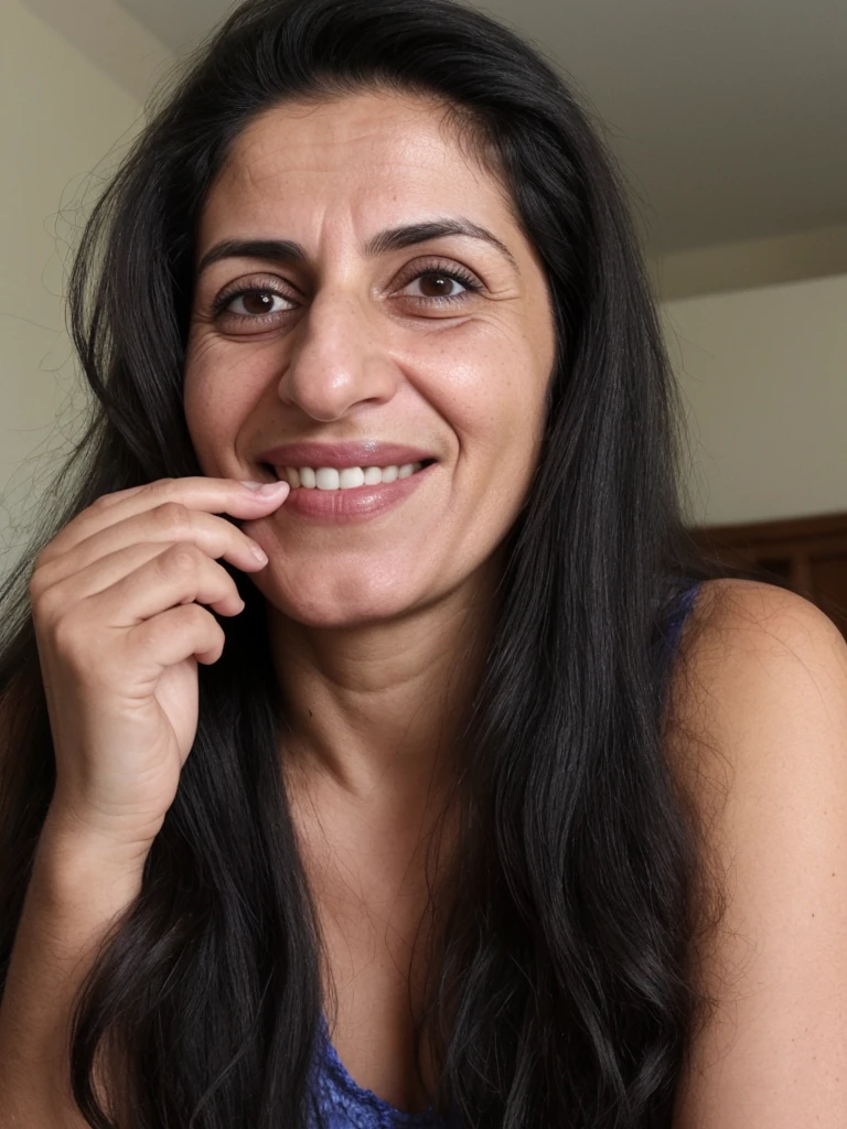 her name is Fatima, a middle-aged Syrian woman, (((snub nose))), (30 years old), (wrinkles), 1girl, solo, (black long hair), smile