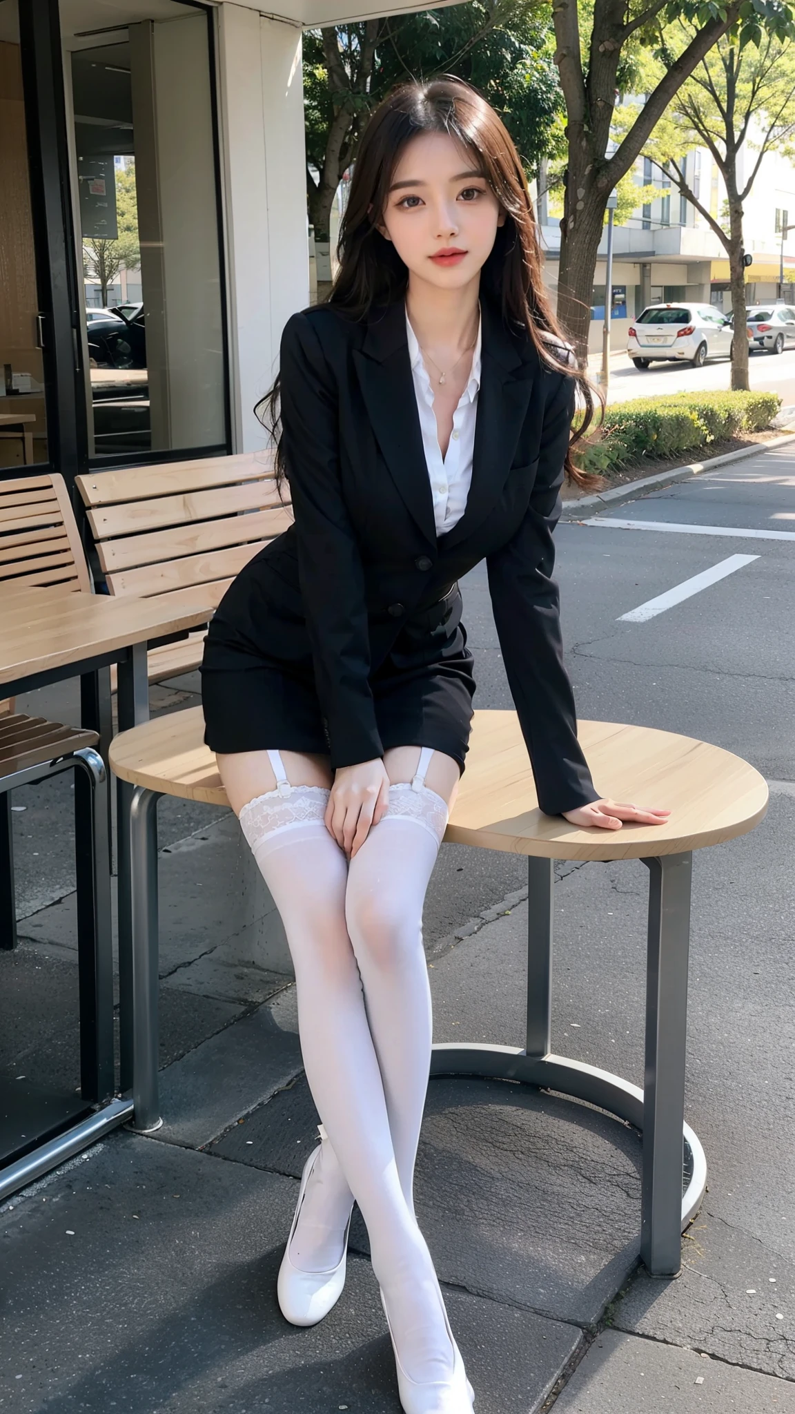 Tall and slender beauty、Beauty in a suit、huge 、Undershirt、Cool Beauty、career woman、Japanese Beauty、Black Tight Dold、Tic,Street Background,、((Sexy panties in full view:1.0))、((Spread your legs wide:1.5))