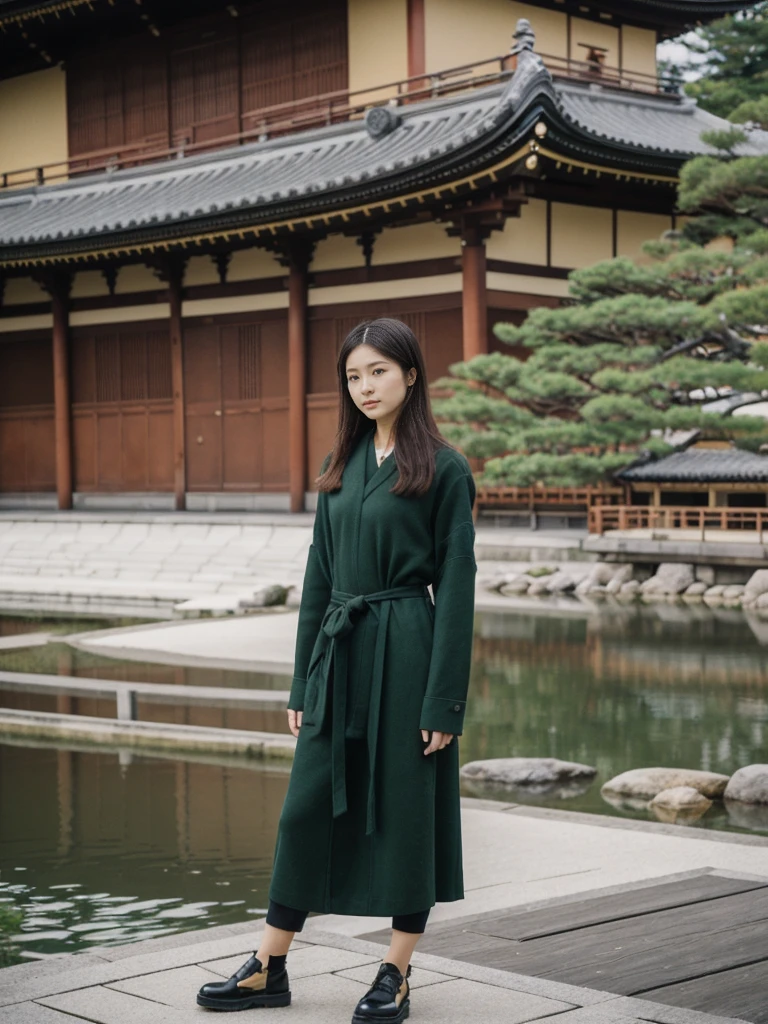 her name is Asako, high quality, 1girl, ((20-year-old fit Caucasian woman)), ((20 years old)), ((slim)), ((Hime Cut)), pose: standing, wearing stylish fashionable Generation-Z modern wear dark colored, BACKGROUND: In the Kinkaku-ji (Golden Pavilion) gardens, with the shimmering gold temple reflected in the tranquil pond