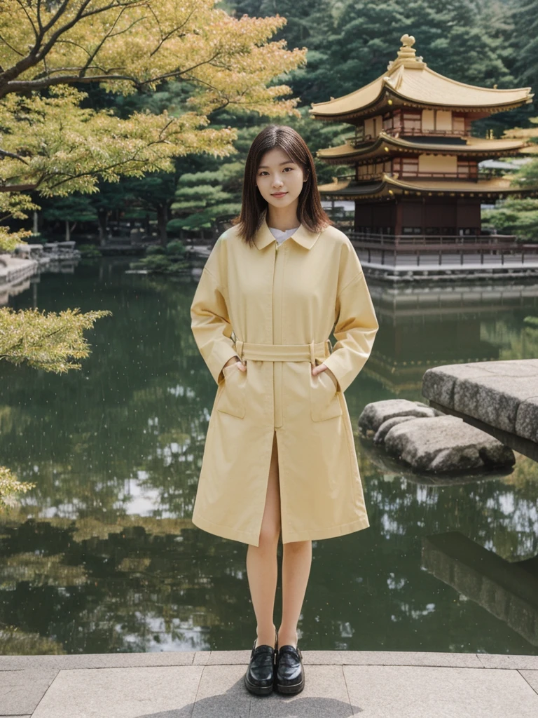 her name is Asako, high quality, 1girl, ((20-year-old fit Caucasian woman)), ((20 years old)), ((slim)), ((Hime Cut)), pose: standing, wearing stylish fashionable Generation-Z modern wear dark colored, BACKGROUND: In the Kinkaku-ji (Golden Pavilion) gardens, with the shimmering gold temple reflected in the tranquil pond