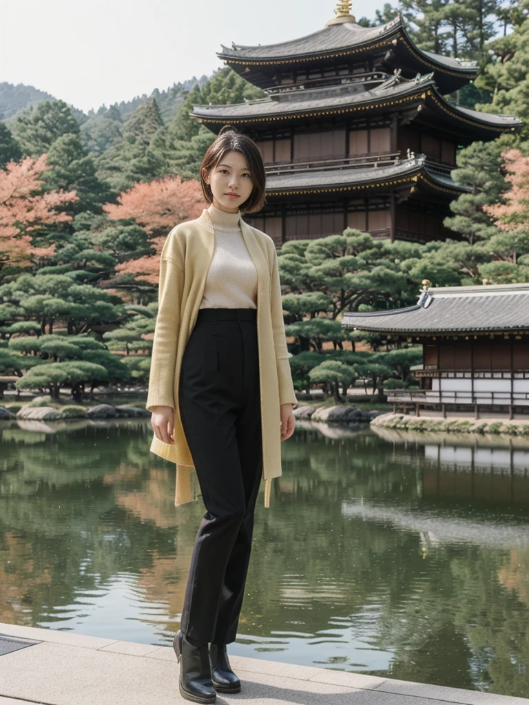 her name is Asako, high quality, 1girl, ((20-year-old fit Caucasian woman)), ((20 years old)), ((slim)), ((Hime Cut)), pose: standing, wearing stylish fashionable Generation-Z modern wear dark colored, BACKGROUND: In the Kinkaku-ji (Golden Pavilion) gardens, with the shimmering gold temple reflected in the tranquil pond