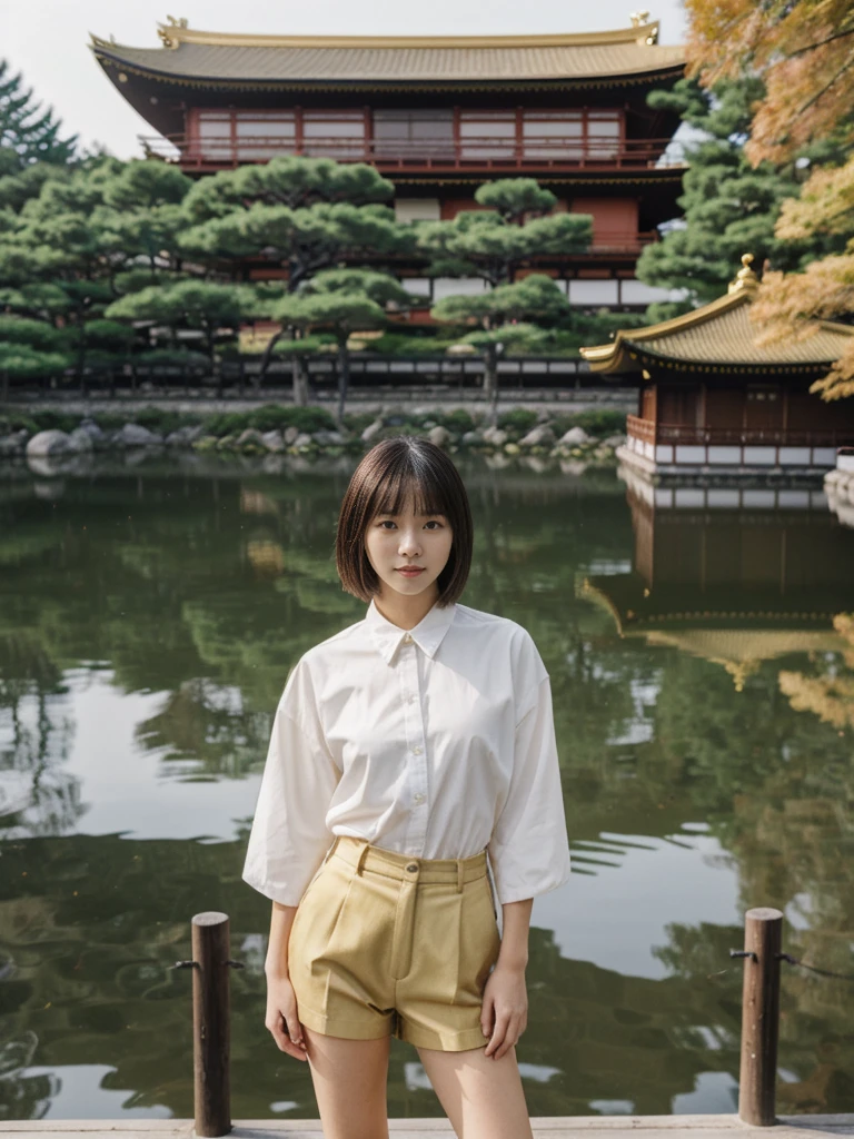 her name is Asako, high quality, 1girl, ((20-year-old fit Caucasian woman)), ((20 years old)), ((slim)), ((Hime Cut)), pose: standing, wearing stylish fashionable Generation-Z modern wear dark colored, BACKGROUND: In the Kinkaku-ji (Golden Pavilion) gardens, with the shimmering gold temple reflected in the tranquil pond