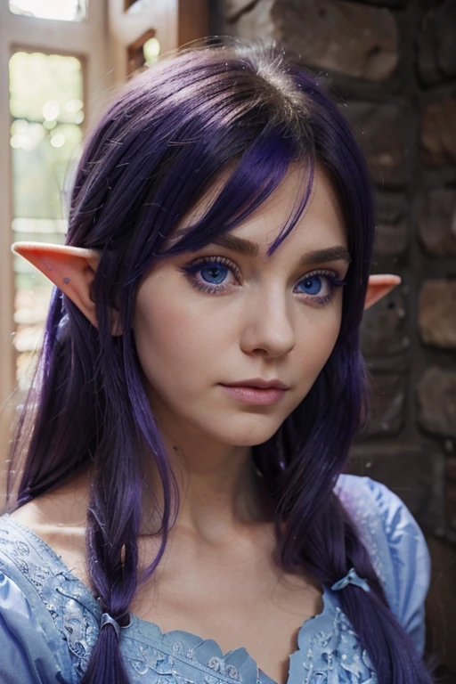 Beautiful and magical elf with big blue eyes and violet hair