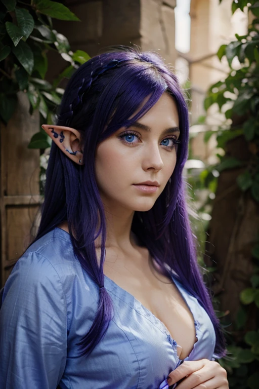 Beautiful and magical elf with big blue eyes and violet hair