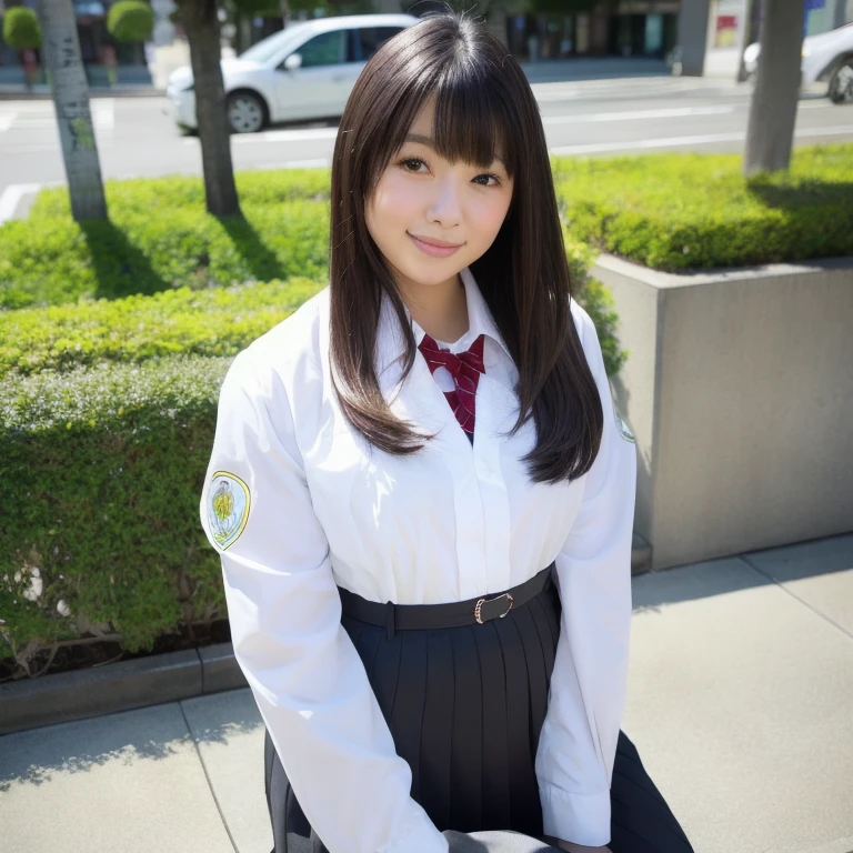 In detail, High resolution, high quality、Perfect dynamic composition, Beautiful attention to detail, Medium Hair, 、Natural color lip,Kamimei、Shibuya Ward、company employee、1 person、Clear Skin、Shiny Hair、Tabletop, 最high quality, figure, Ultra-detailed details, High resolution, 8K,suit(white)And a long skirt(black),Anatomically correct,cute,Perfect and beautiful hands,smile,office