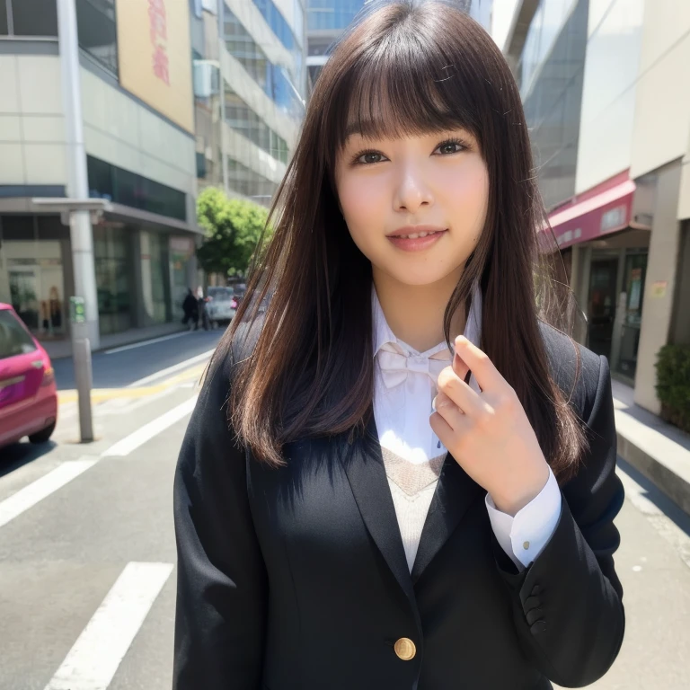 In detail, High resolution, high quality、Perfect dynamic composition, Beautiful attention to detail, Medium Hair, 、Natural color lip,Kamimei、Shibuya Ward、company employee、1 person、Clear Skin、Shiny Hair、Tabletop, 最high quality, figure, Ultra-detailed details, High resolution, 8K,suit(white)And a long skirt(black),Anatomically correct,cute,Perfect and beautiful hands,smile,office