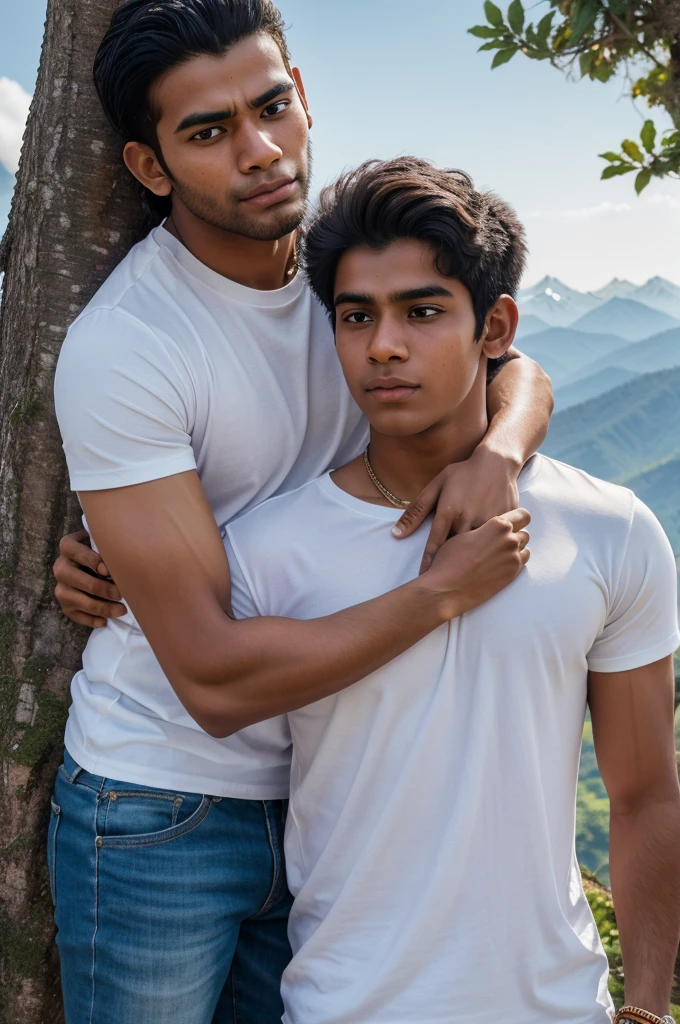 create a high quality realistic image, lord Hanuman and a 18 year old age boy hugging are Warking with each other, boy is wearing white t-shirt on which his name “Bhashkar”is written boldly on top, both are emotional, environment is mountain, background is of tree, image should ultra clear, hyper realistic, 4k.
