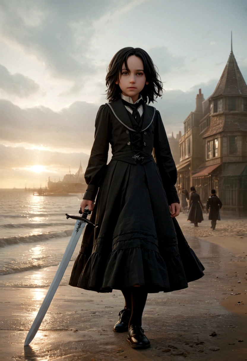 a young 9--old ghter of severus snape,Seafront, Sunrise clouds, Long Sword Art Online, Lolita costume dress, Dynamic posture， 8K, High detail, hyper qualit, high resolution, 8k smooth, landscape shot, 8K, High detail, hyper qualit, high resolution, 8k smooth, landscape shot, super wide shot, iso-distance view