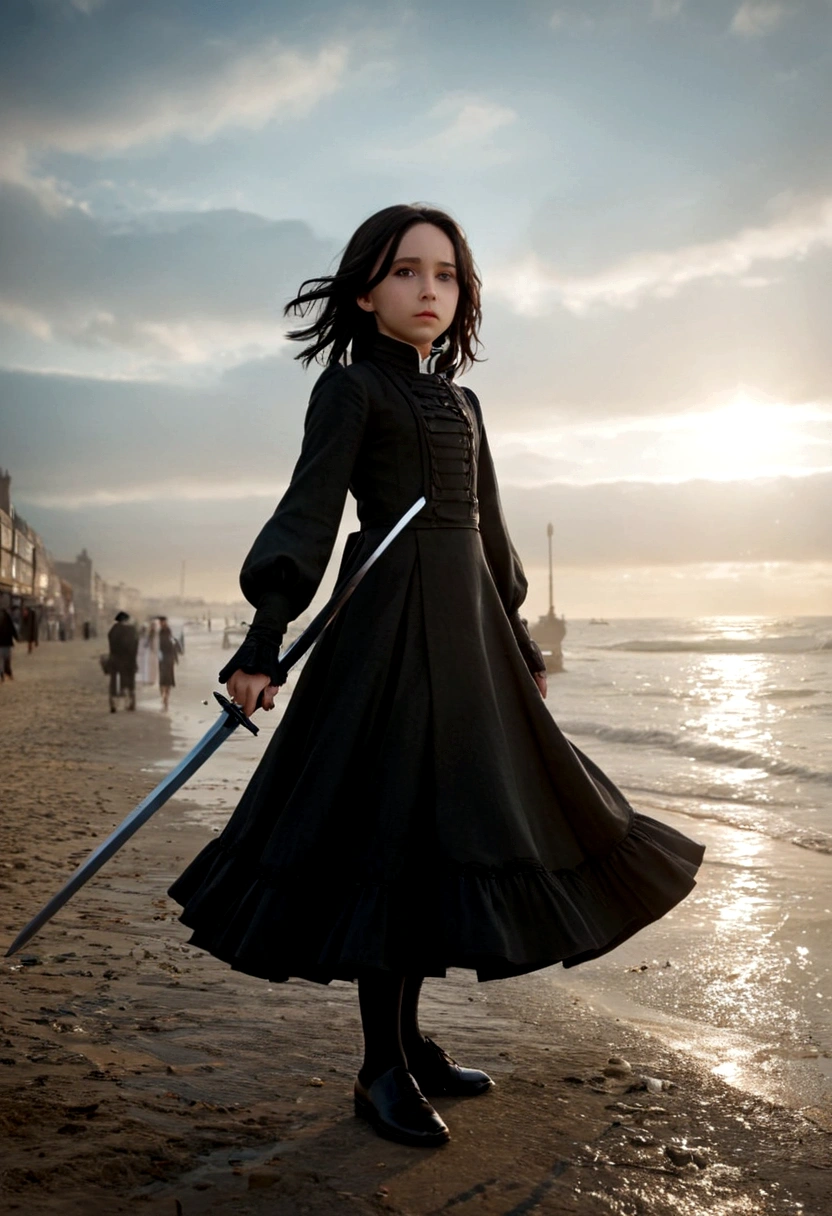 a young 9-year-old daughter of severus snape,Seafront, Sunrise clouds, Long Sword Art Online, ta costume dress, Dynamic posture， 8K, High detail, hyper qualit, high resolution, 8k smooth, landscape shot, 8K, High detail, hyper qualit, high resolution, 8k smooth, landscape shot, super wide shot, iso-distance view