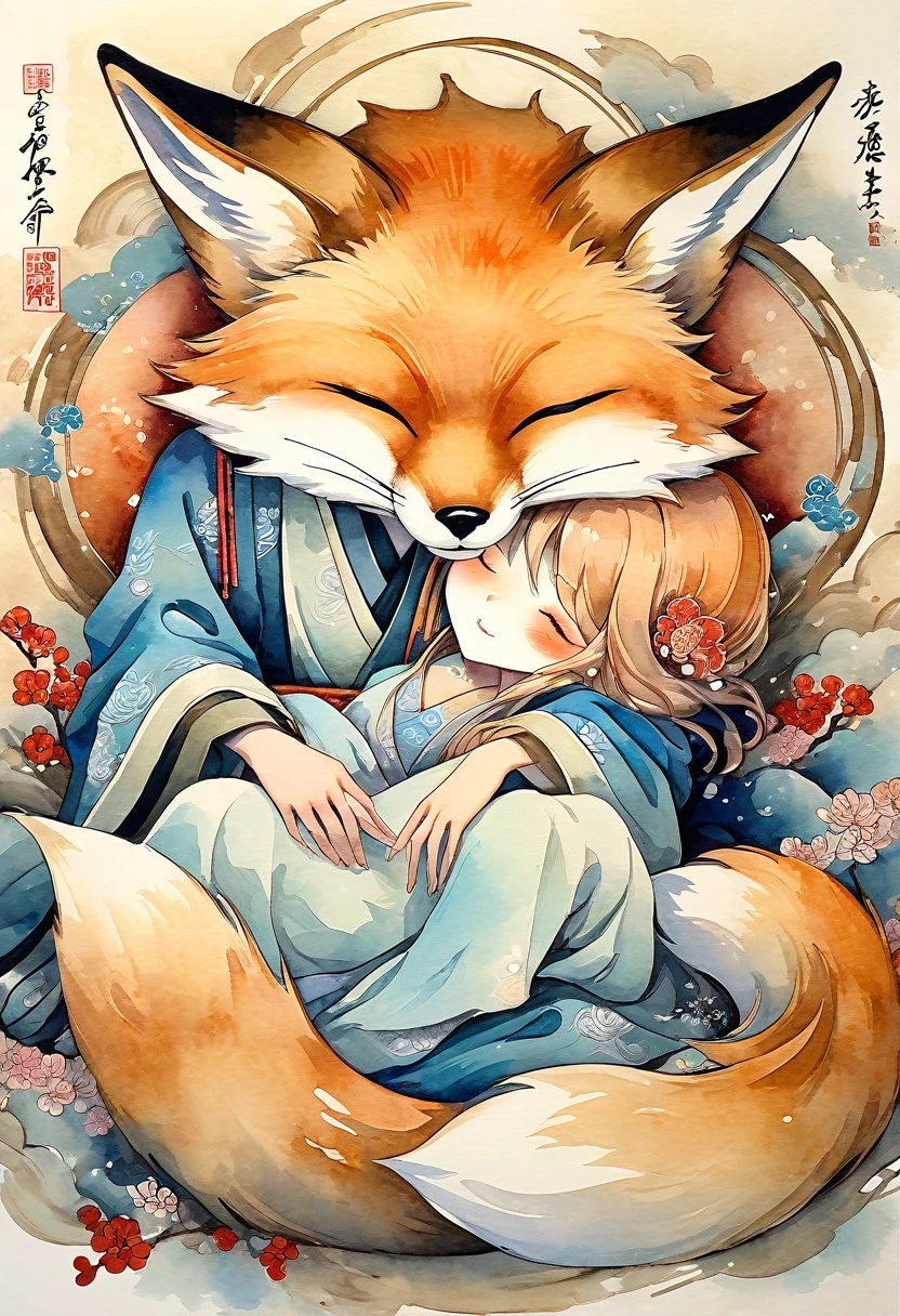 best quality, super fine, 16k, 2.5D, delicate and dynamic depiction, fox spirit stroking the head of sleeping  on his lap, gentle loving smile, effects wrapped in soft colors and light, fusion of watercolors and oil paintings, calligraphy, ink, shading, gradation, Japanese paper quality