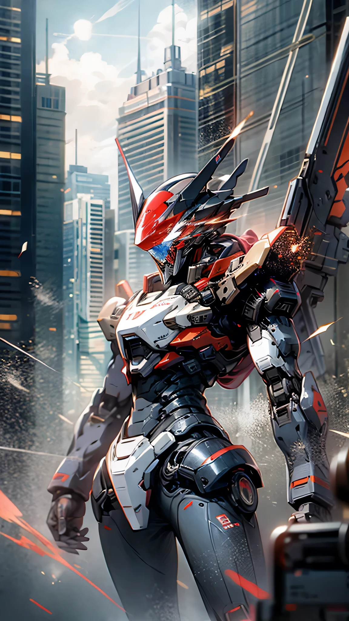 最high quality、Best image quality、masterpiece、Giant Mecha((Humanoid、Black body、Railgun、Body Armor、Jetpack、Red visor、Full burst、Laser firing))high quality、Beautiful art、background((City)),Tabletop、Exquisite design、Visual Arts、Depth of written boundary、Best lighting、Highest detail、8k